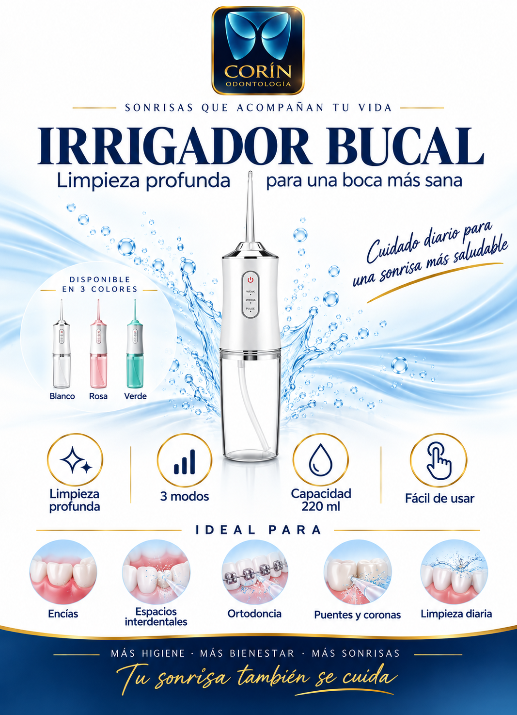 Irrigador bucal CORIN disponible en blanco, rosa y verde. Flyer con los tres colores y sus características.